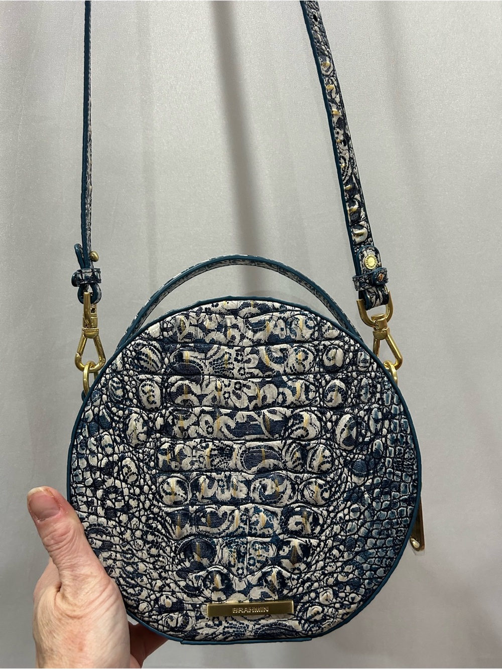 Brahmin Lane Navy Cream Gold Filagree Croc-Embossed Round Crossbody Bag